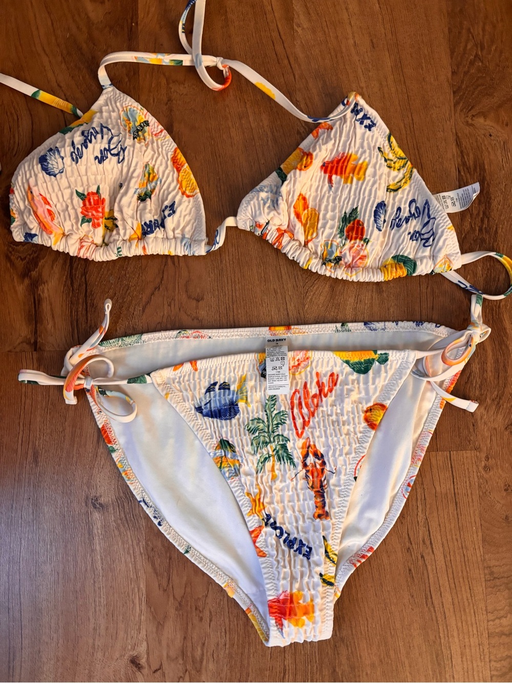 Old Navy White Tropical Print Smocked Bikini Bottoms